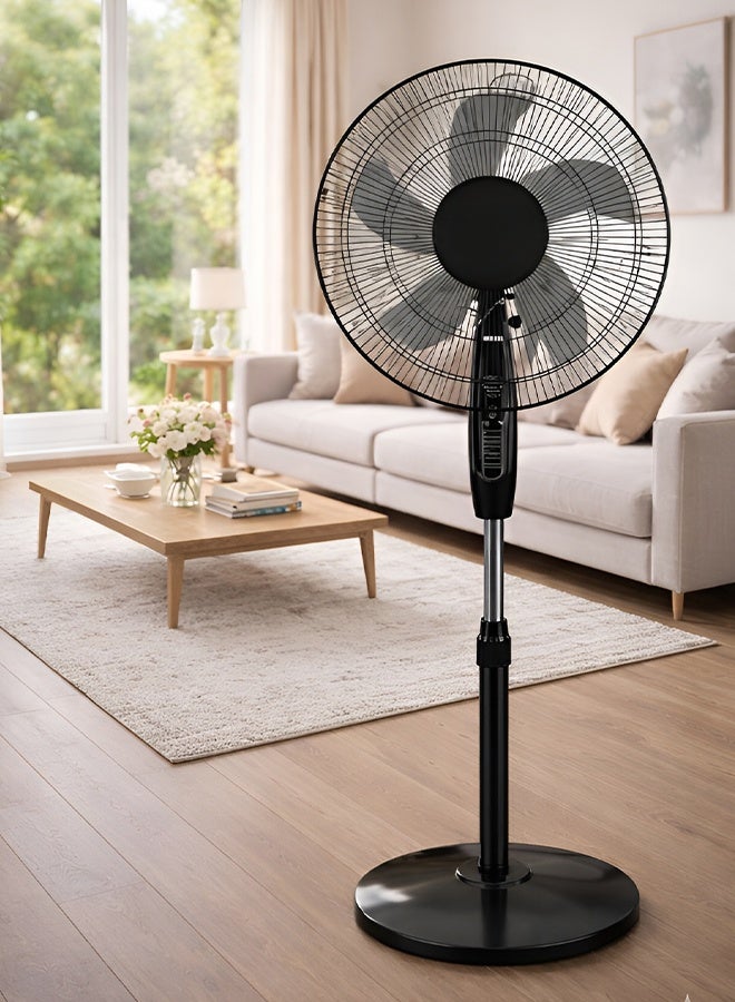 This 16-inch pedestal fan features a quiet, high-performance motor, 4 different speed settings, 90-degree horizontal oscillation, 30-degree vertical tilt adjustment, and durable 5-blade plastic blades. It comes in black.